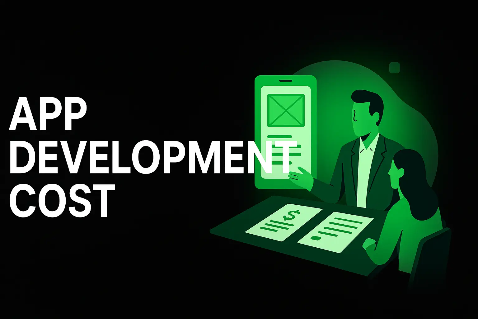 An image illustrating Consultants reviewing app project plans and pricing documents in a modern office meeting room