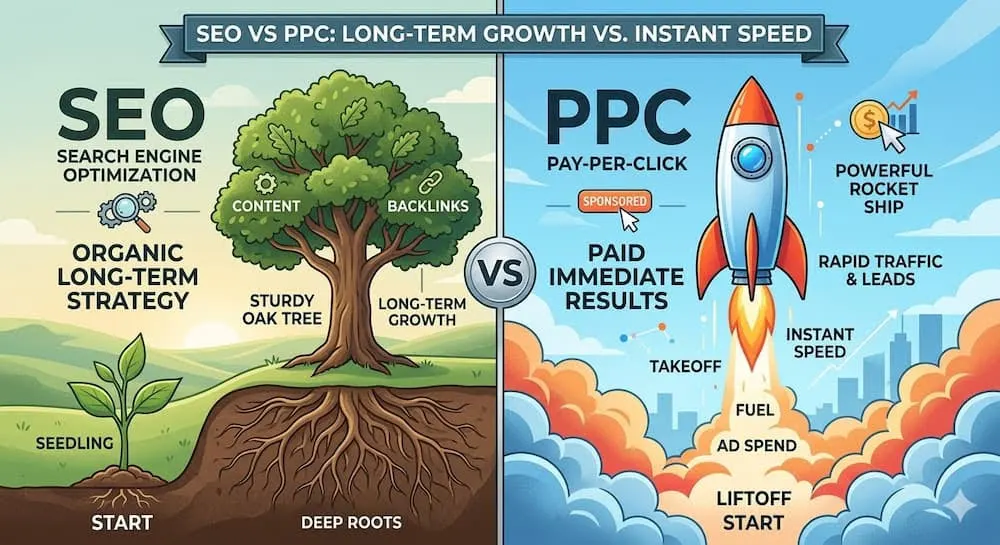 Infographic comparing SEO as long-term organic growth versus PPC as immediate paid search visibility
